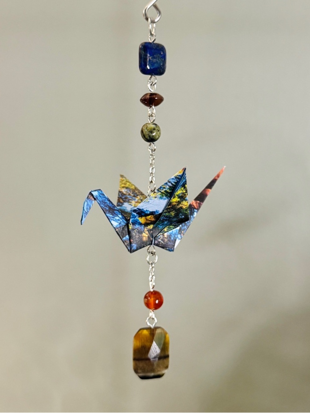 Origami Ornament #2517 - Small Crane with Stone Beads